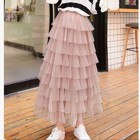 ebossy Dresses & Skirts - ebossy Women's Sweet Elastic Waist Tulle Layered Ruffles Mesh Long Tiered Skirt